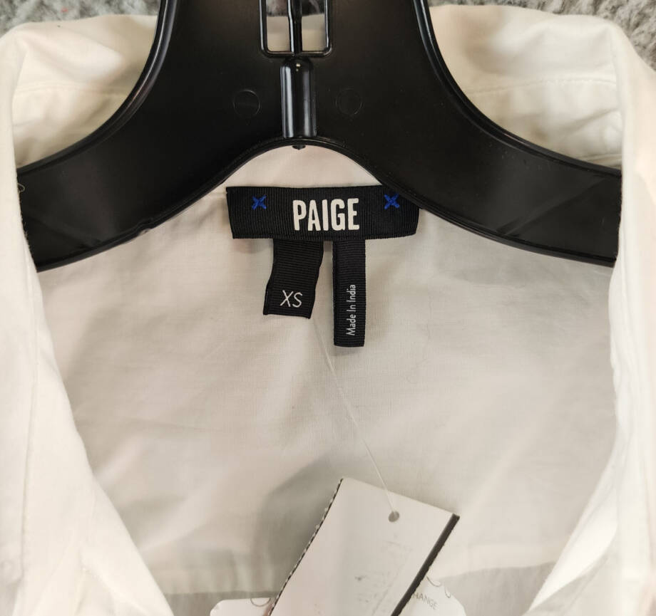 PAIGE Alera Ruched Button Front Top Women's XS White Point Collar Long Sleeves~