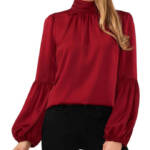 CeCe Mock Neck Blouson Sleeve Blouse Women's L Mulberry Red Button Closure L/S~