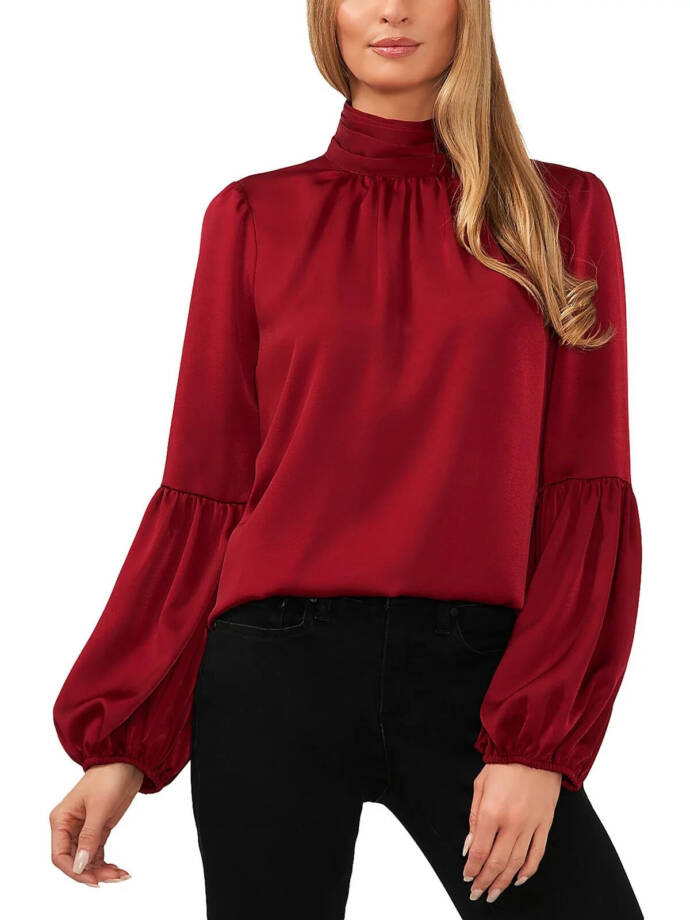 CeCe Mock Neck Blouson Sleeve Blouse Women's L Mulberry Red Button Closure L/S~