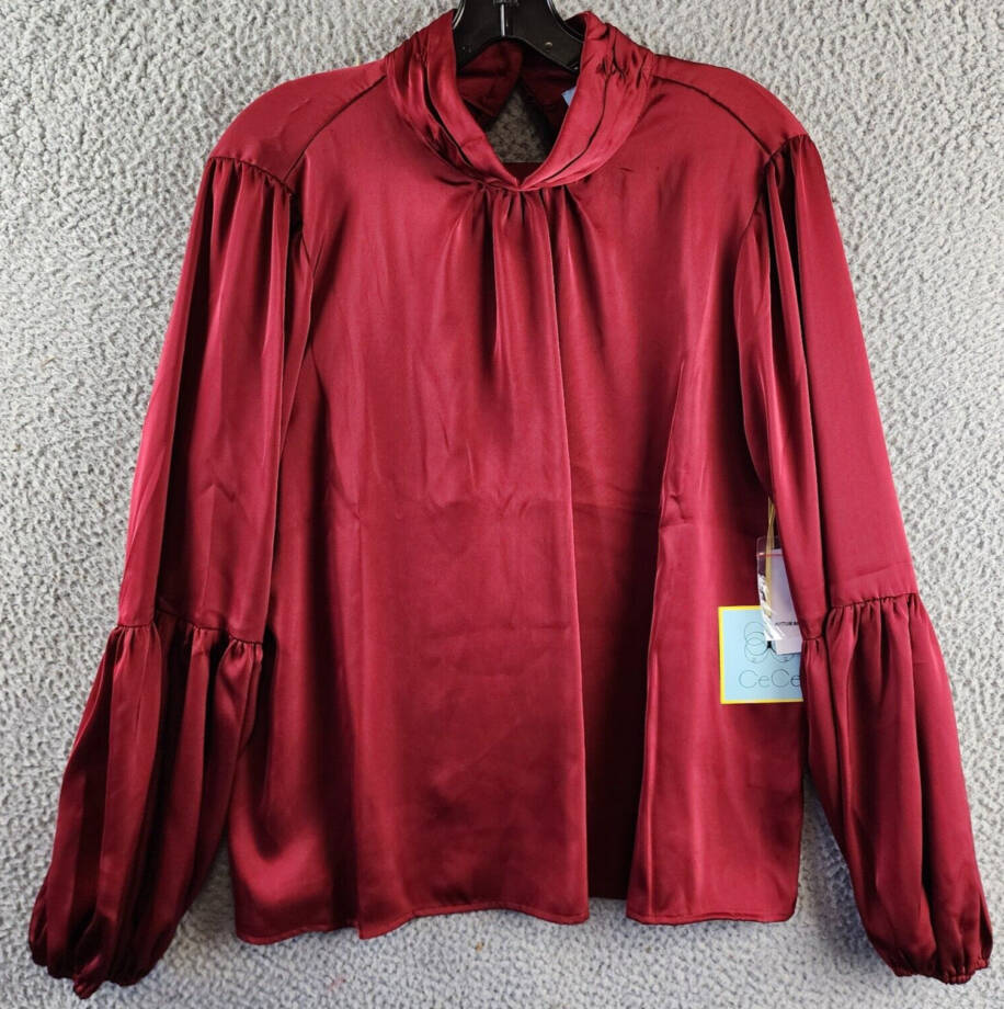 CeCe Mock Neck Blouson Sleeve Blouse Women's L Mulberry Red Button Closure L/S~