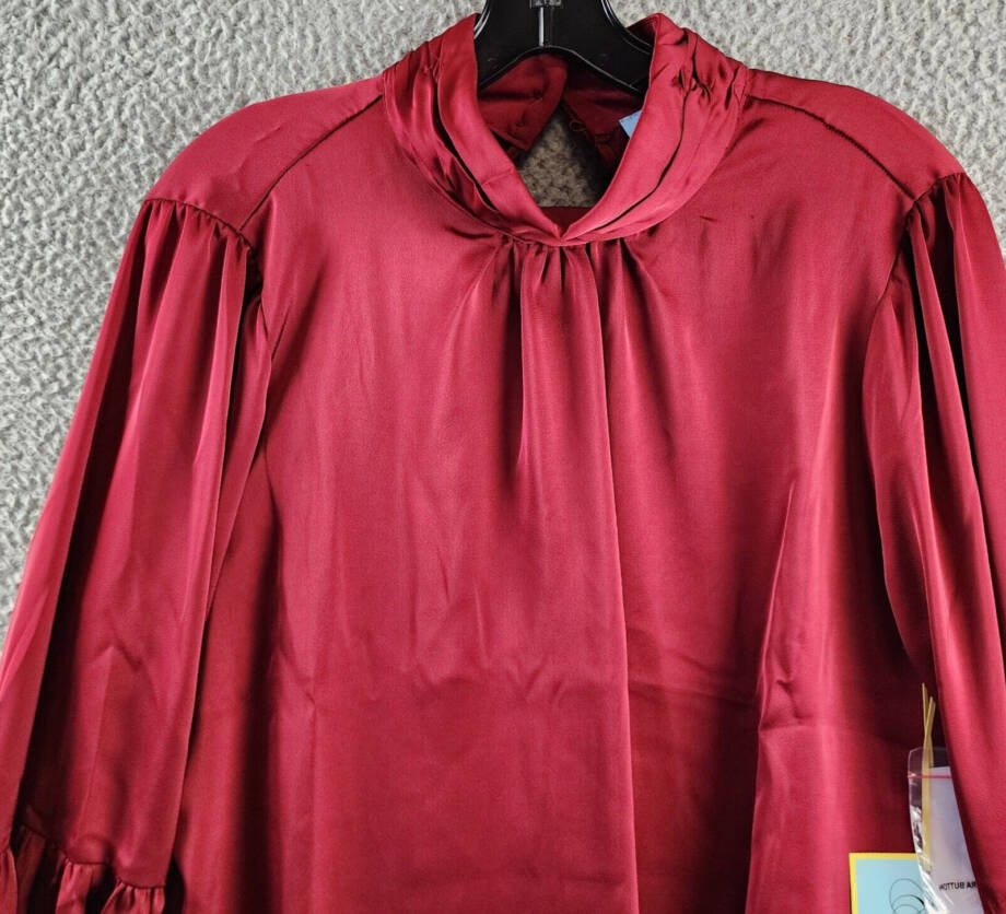 CeCe Mock Neck Blouson Sleeve Blouse Women's L Mulberry Red Button Closure L/S~