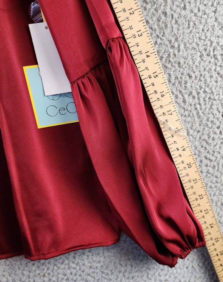 CeCe Mock Neck Blouson Sleeve Blouse Women's L Mulberry Red Button Closure L/S~