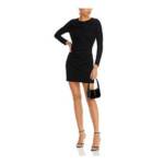 AQUA Draped Long Sleeve Mini Sheath Dress Women's M Black Round Neck Zip Closure