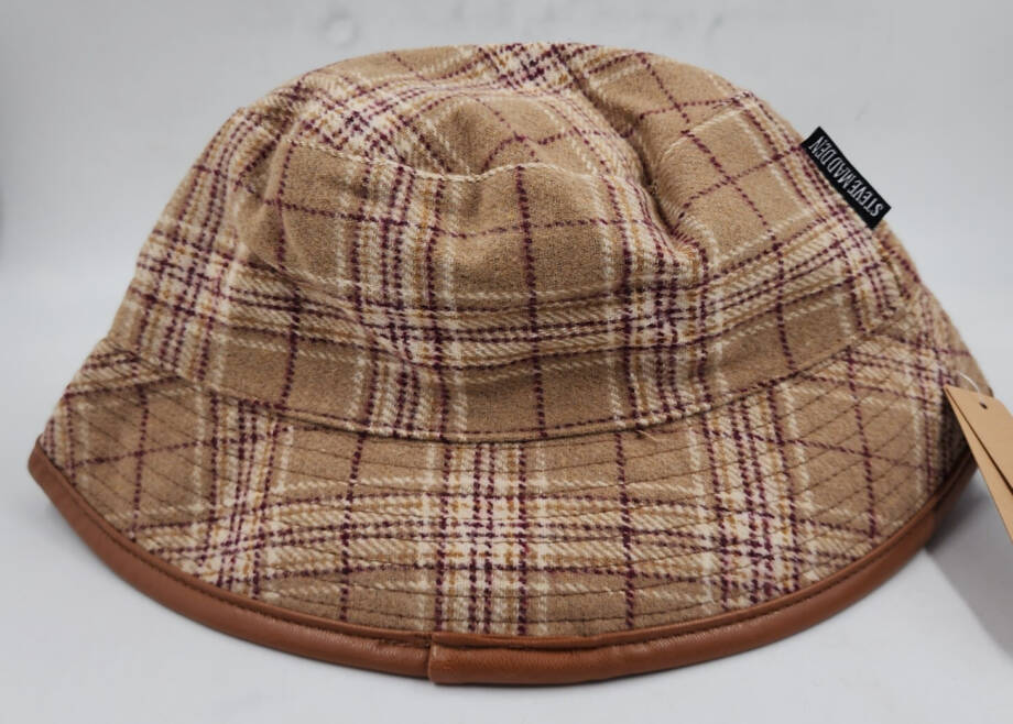 Steve Madden Wool Blend Reversible Plaid Bucket Hat Women's One Size Camel~
