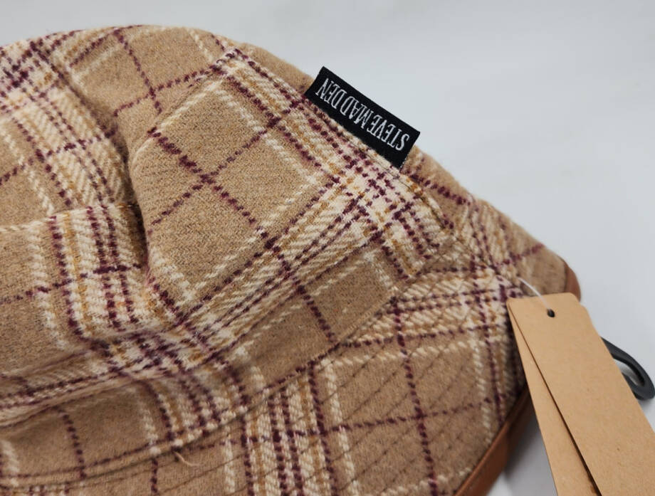 Steve Madden Wool Blend Reversible Plaid Bucket Hat Women's One Size Camel~