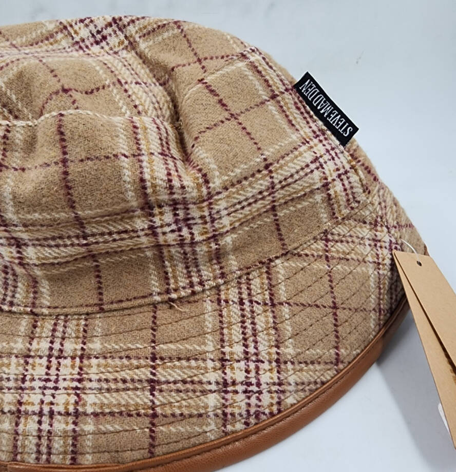 Steve Madden Wool Blend Reversible Plaid Bucket Hat Women's One Size Camel~