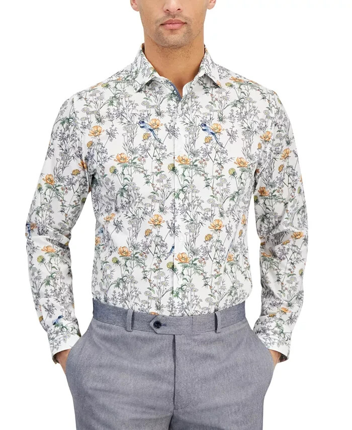 Bar III Slim-Fit Bird Floral Dress Shirt Men's M 15-15.5 White Apricot Multi L/S