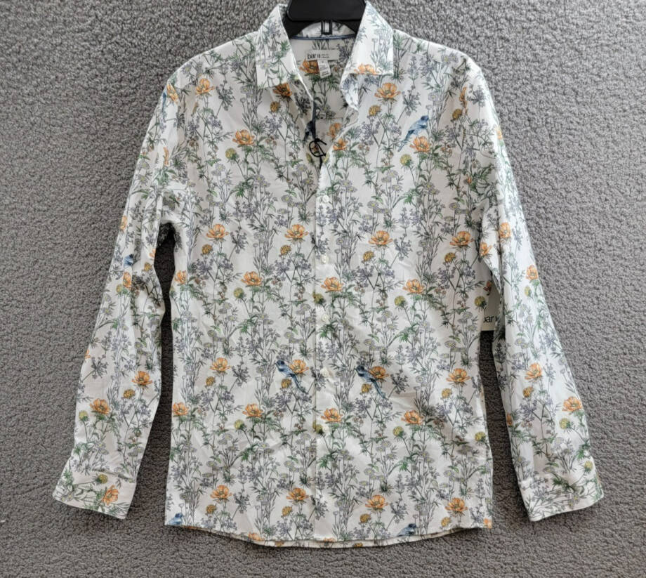 Bar III Slim-Fit Bird Floral Dress Shirt Men's M 15-15.5 White Apricot Multi L/S