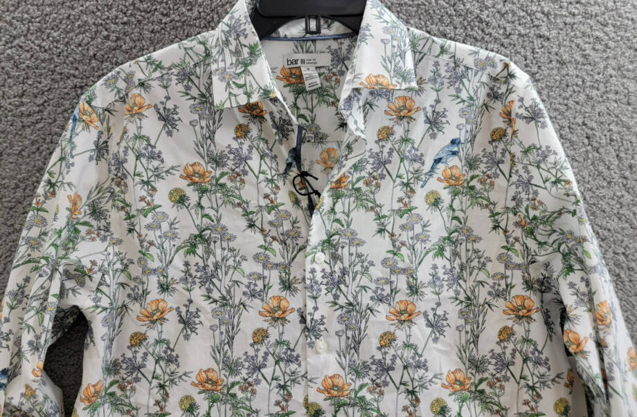 Bar III Slim-Fit Bird Floral Dress Shirt Men's M 15-15.5 White Apricot Multi L/S