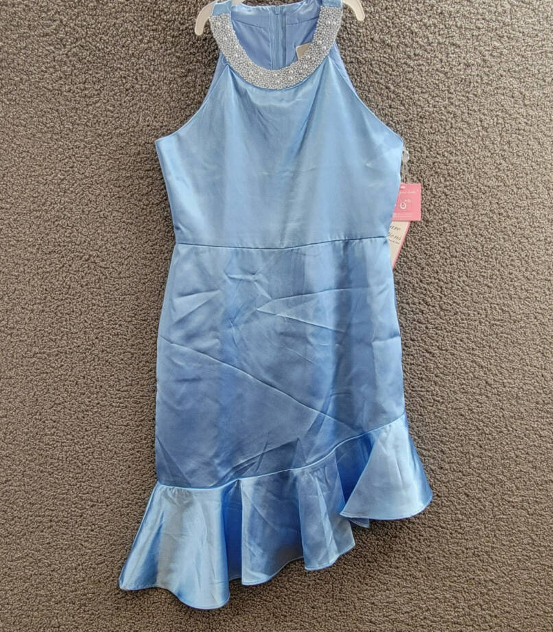 Rare Editions Sleeveless Imitation Pearl Halter Dress Big Girls 14 Blue Back Zip