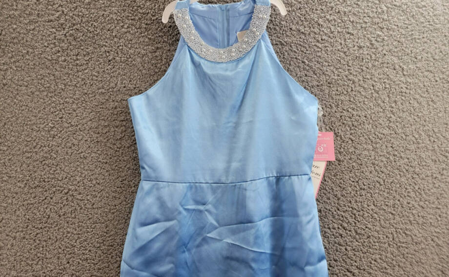 Rare Editions Sleeveless Imitation Pearl Halter Dress Big Girls 14 Blue Back Zip