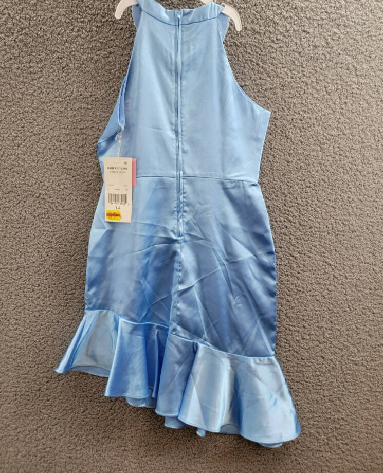 Rare Editions Sleeveless Imitation Pearl Halter Dress Big Girls 14 Blue Back Zip