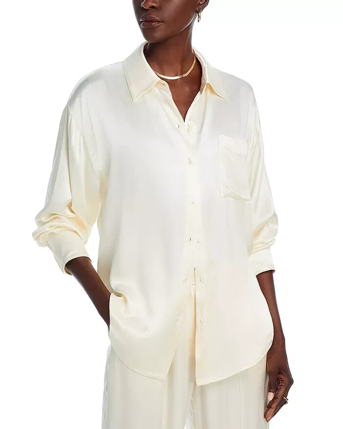 WAYF Fynn Satin Button Front Blouse Women's M Cream Patch Pocket Long Sleeve