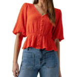 Sanctuary Textured Button-Front Peplum Top Women's XS Spicy Orange Elbow Sleeve