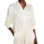 WAYF Fynn Satin Button Front Blouse Women's L Cream Patch Pocket Long Sleeve
