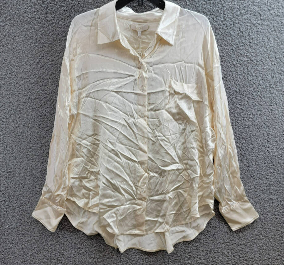 WAYF Fynn Satin Button Front Blouse Women's L Cream Patch Pocket Long Sleeve