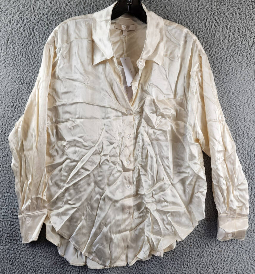 WAYF Fynn Satin Button Front Top Women's XS Cream Button Closure Long Sleeves~