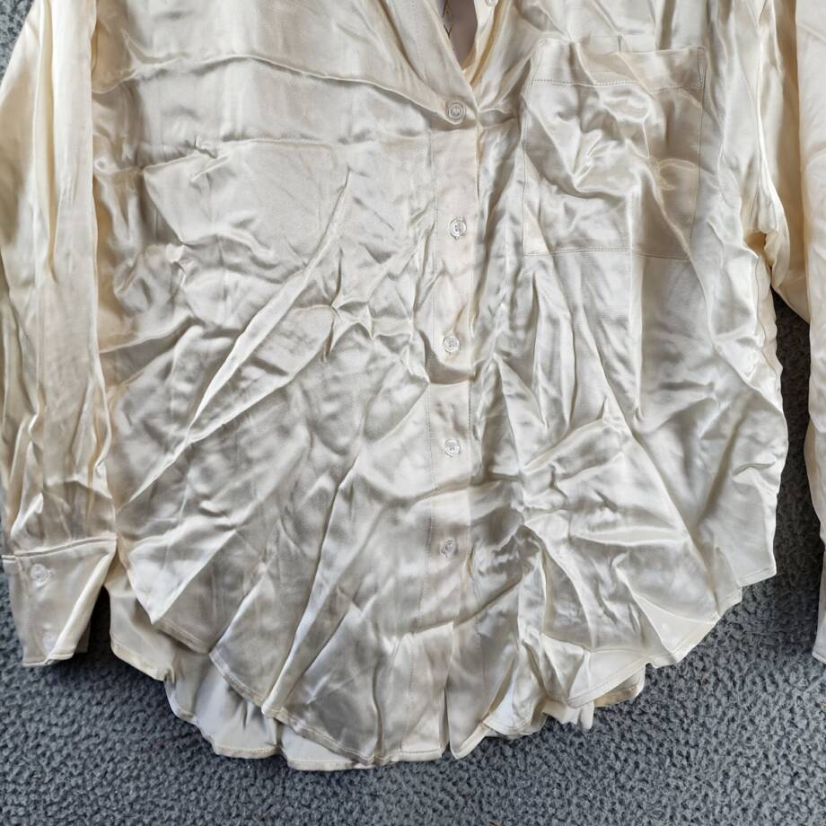 WAYF Fynn Satin Button Front Top Women's XS Cream Button Closure Long Sleeves~