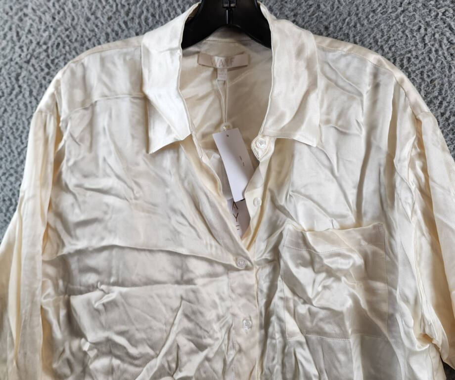 WAYF Fynn Satin Button Front Top Women's XS Cream Button Closure Long Sleeves~