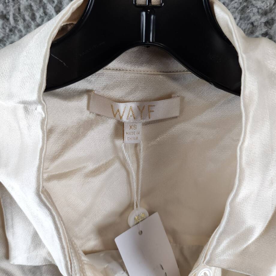 WAYF Fynn Satin Button Front Top Women's XS Cream Button Closure Long Sleeves~