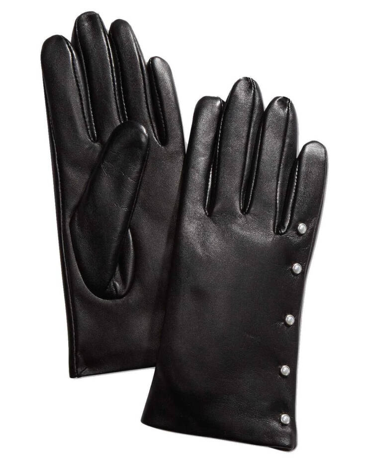 Charter Club Imitation-Pearl & Leather Touch Gloves Women's S Black