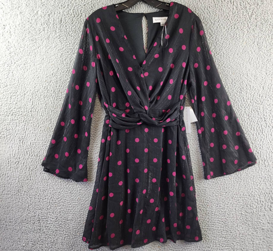 Emma & Michelle Polka Dot Dress Women's S Black/Pink Back Button Closure L/S