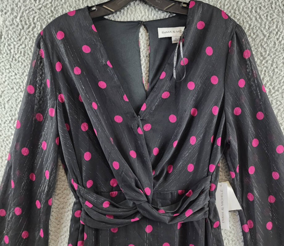 Emma & Michelle Polka Dot Dress Women's S Black/Pink Back Button Closure L/S