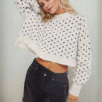Free People Emmie Crew Neck Bow Spot Knit Sweater Women's M White/Black L/S