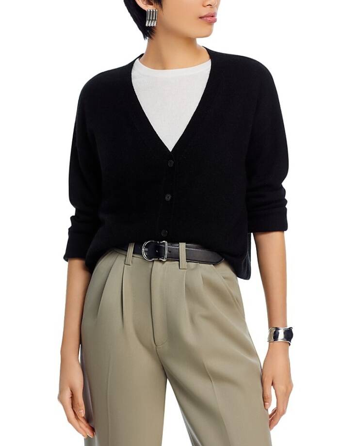C by Bloomingdale's Cashmere V-Neck Cardigan Women's M Black Solid Long Sleeve
