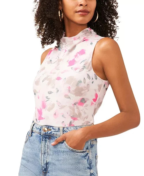 Vince Camuto Printed Mesh Mock-Neck Sleeveless Top Women's L New Ivory Pullover