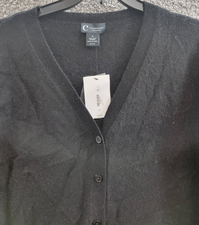 C by Bloomingdale's Cashmere V-Neck Cardigan Women's M Black Solid Long Sleeve