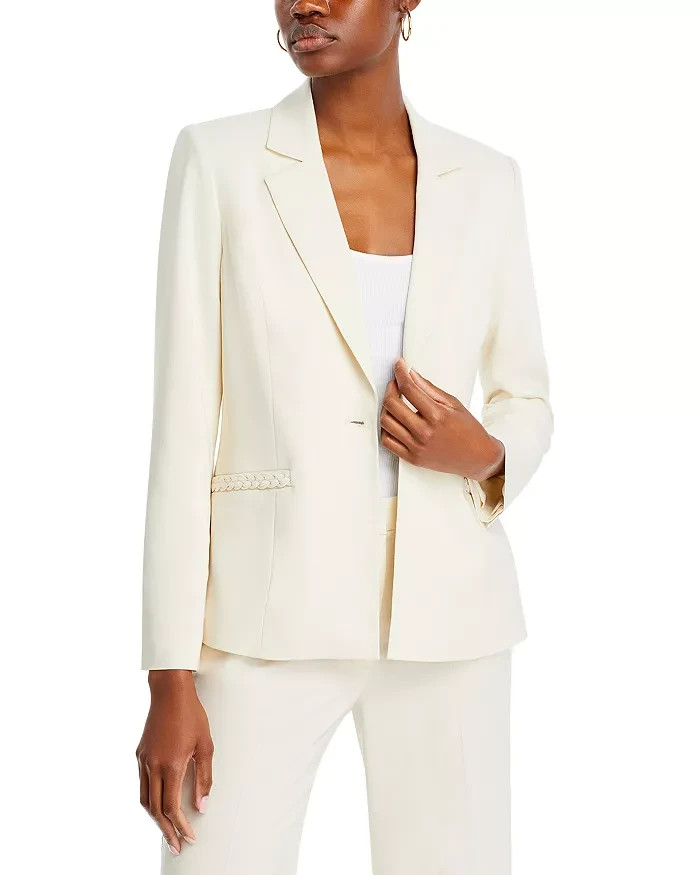 T Tahari Single Button Blazer Women's 12 Toasted Beige Braided Welt Pockets L/S