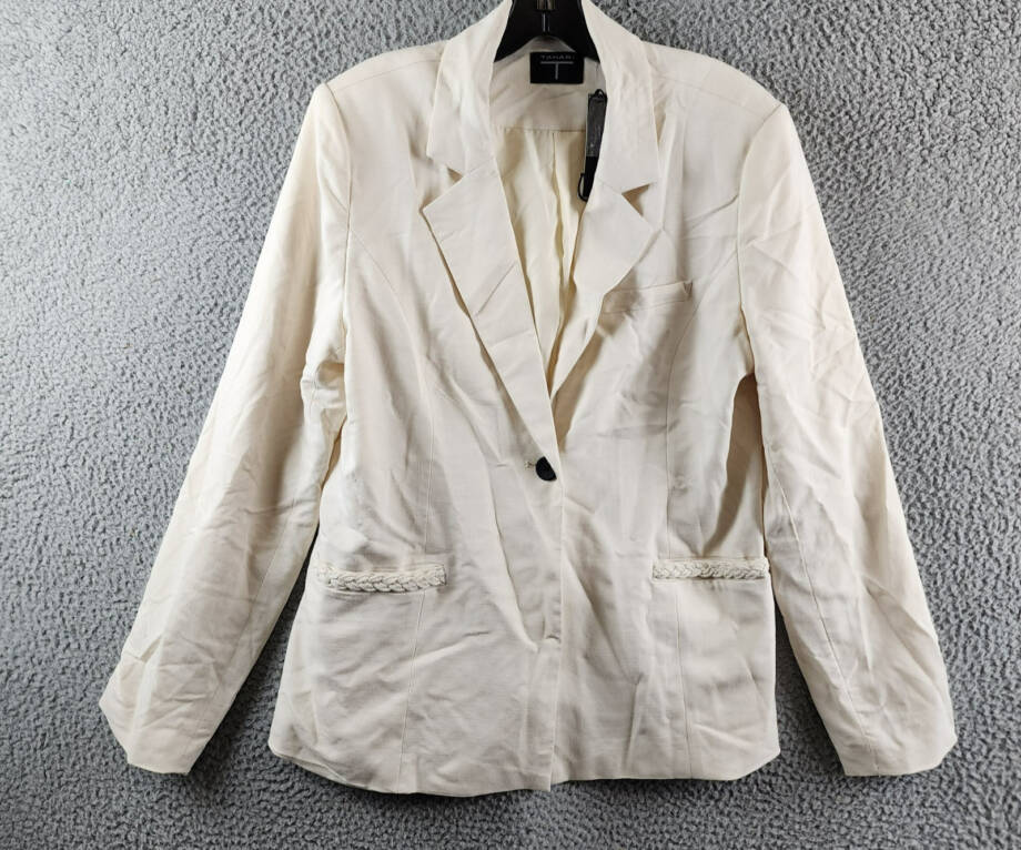 T Tahari Single Button Blazer Women's 12 Toasted Beige Braided Welt Pockets L/S