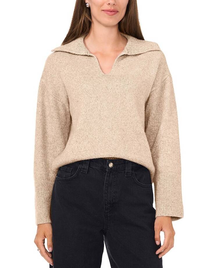 Vince Camuto V-neck Spread Collar Sweater Women's M Almond Beige Pullover