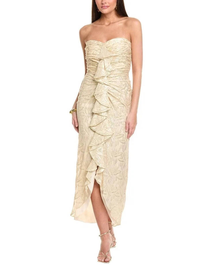 Ramy Brook Goldie Strapless Metallic Silk-Blend Dress Womens 4 Gold Ruffle Front