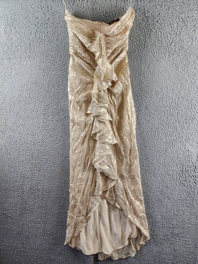 Ramy Brook Goldie Strapless Metallic Silk-Blend Dress Womens 4 Gold Ruffle Front