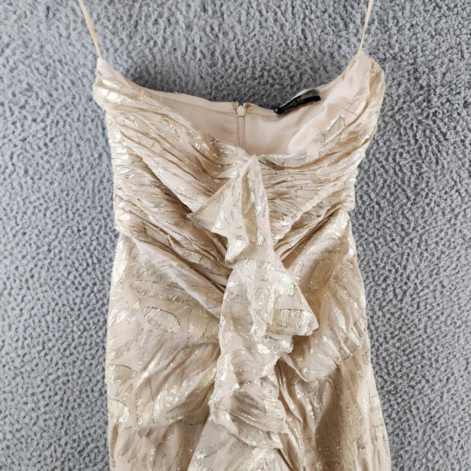 Ramy Brook Goldie Strapless Metallic Silk-Blend Dress Womens 4 Gold Ruffle Front