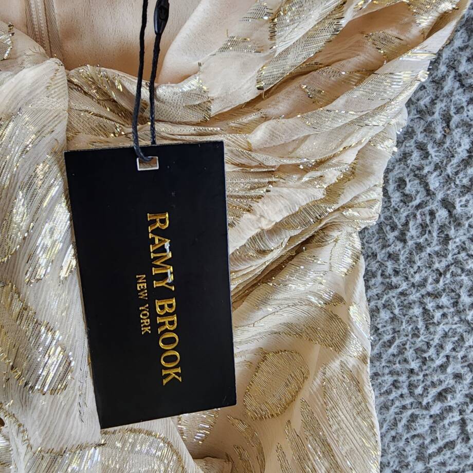 Ramy Brook Goldie Strapless Metallic Silk-Blend Dress Womens 4 Gold Ruffle Front