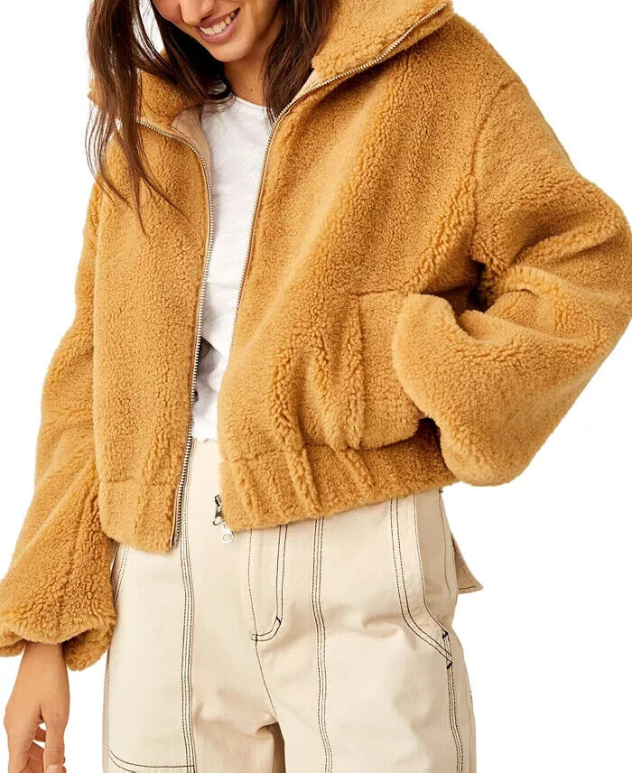 Free People Get Cozy Fleece Jacket Women's M Tan Camel Side Pockets Full Zip L/S