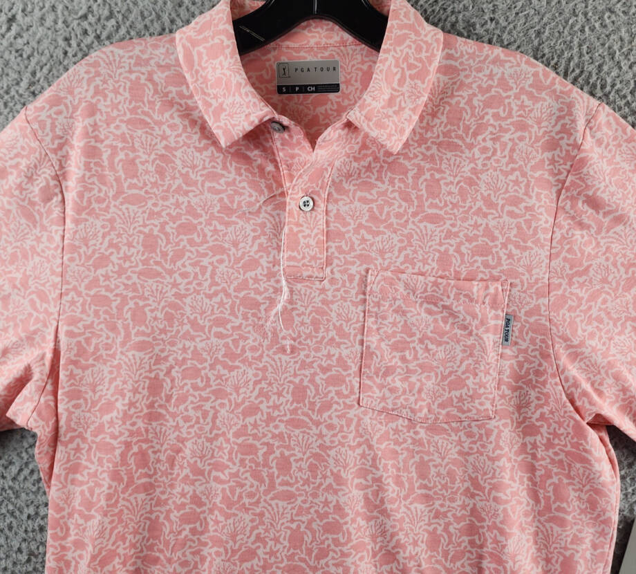 PGA TOUR Sea Life Short Sleeve Performance Golf Polo Shirt Men's S Pink Icing