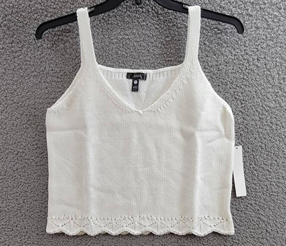 AQUA Pointelle Trim V-Neck Tank Top Women's XL White Sleeveless Pullover