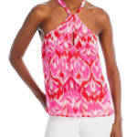 AQUA Ikat Print Keyhole Top Women's XS Pink/Red High Double V-Neck Sleeveless