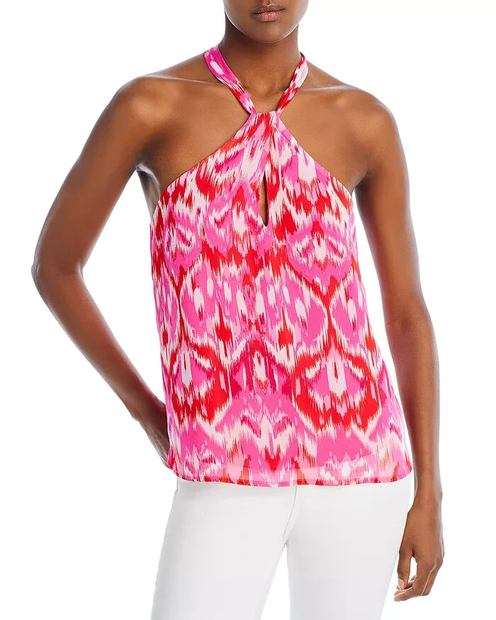 AQUA Ikat Print Keyhole Top Women's XS Pink/Red High Double V-Neck Sleeveless