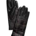 Charter Club Plaid Topstitch Leather Gloves Women's S Black Slip On