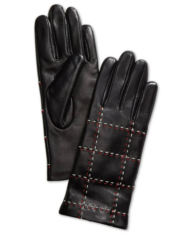 Charter Club Plaid Topstitch Leather Gloves Women's S Black Slip On
