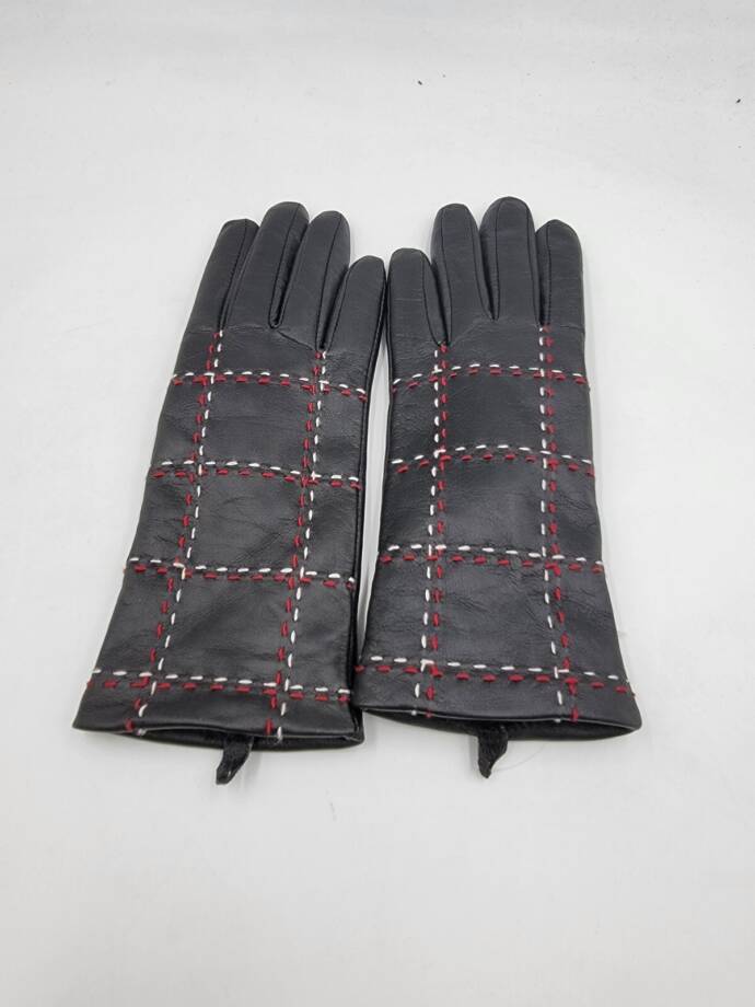 Charter Club Plaid Topstitch Leather Gloves Women's S Black Slip On