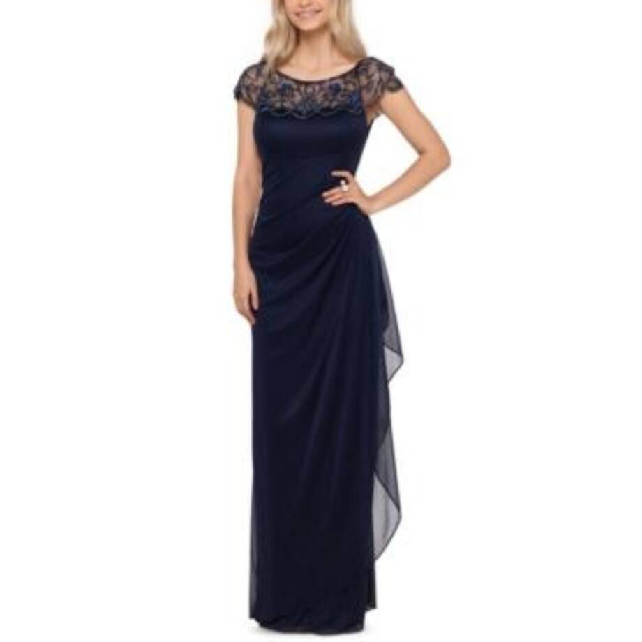 XSCAPE Embellished-Neck Gown Women's 8 Navy Blue Short Sleeve Zip Closure