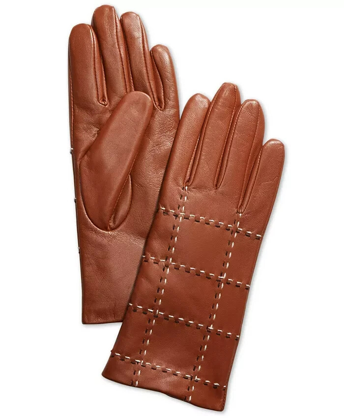 Charter Club Plaid Topstitch Leather Gloves Women's S Saddle Slip On