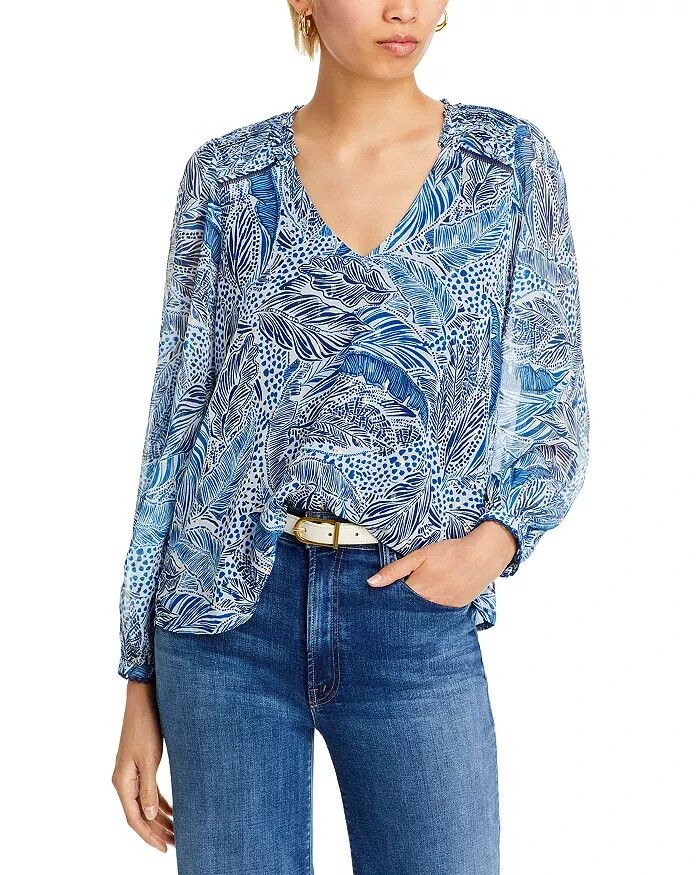 AQUA Leaf Print Blouse Women's S White/Navy Metallic V-Neck Long Sleeve Pullover