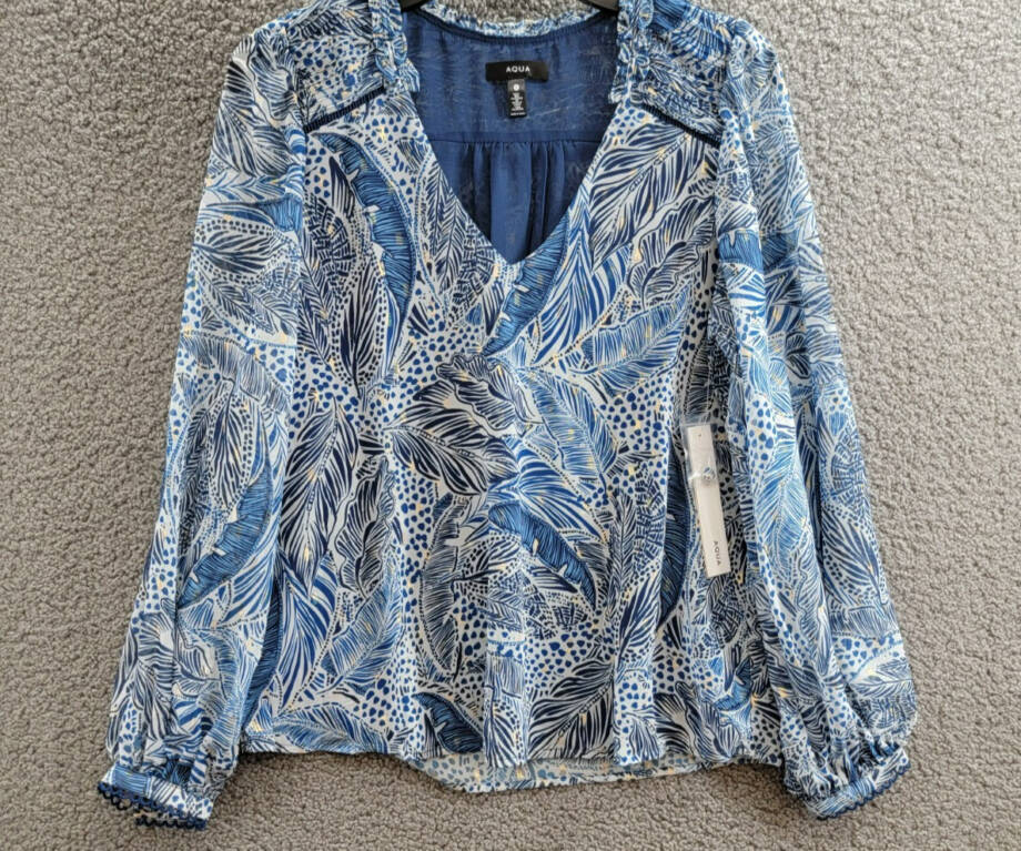 AQUA Leaf Print Blouse Women's S White/Navy Metallic V-Neck Long Sleeve Pullover